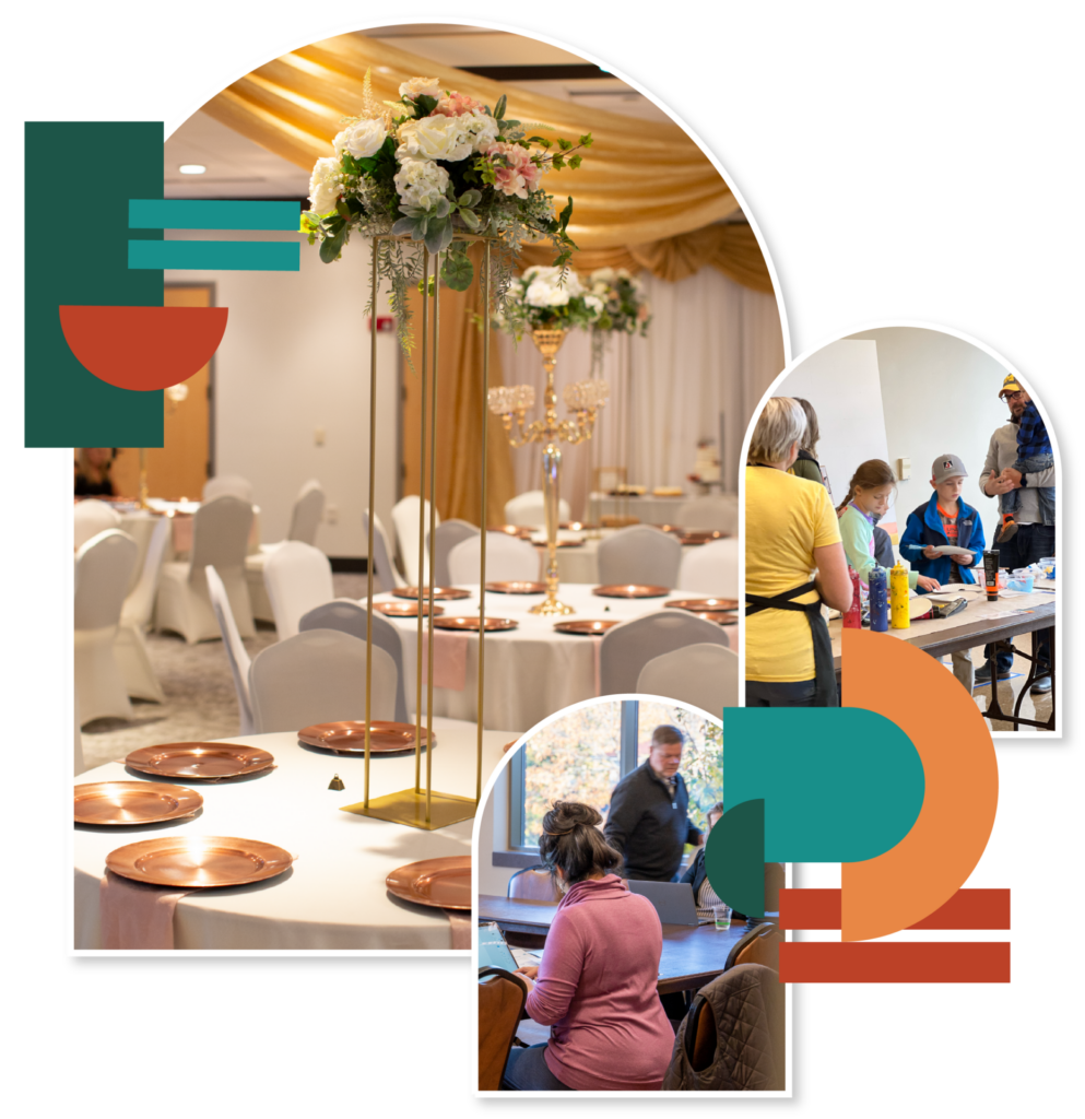 Arched photo collage of a wedding display, Encounter the Arts volunteers and a meeting in the Woodbine room