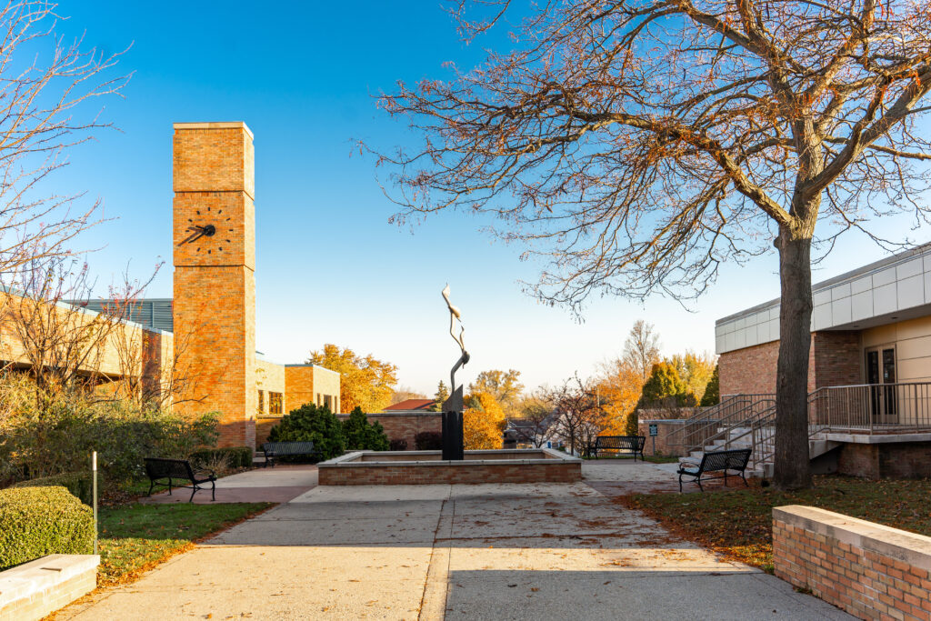 Image of the exterior of Central Park Place courtyard and statue